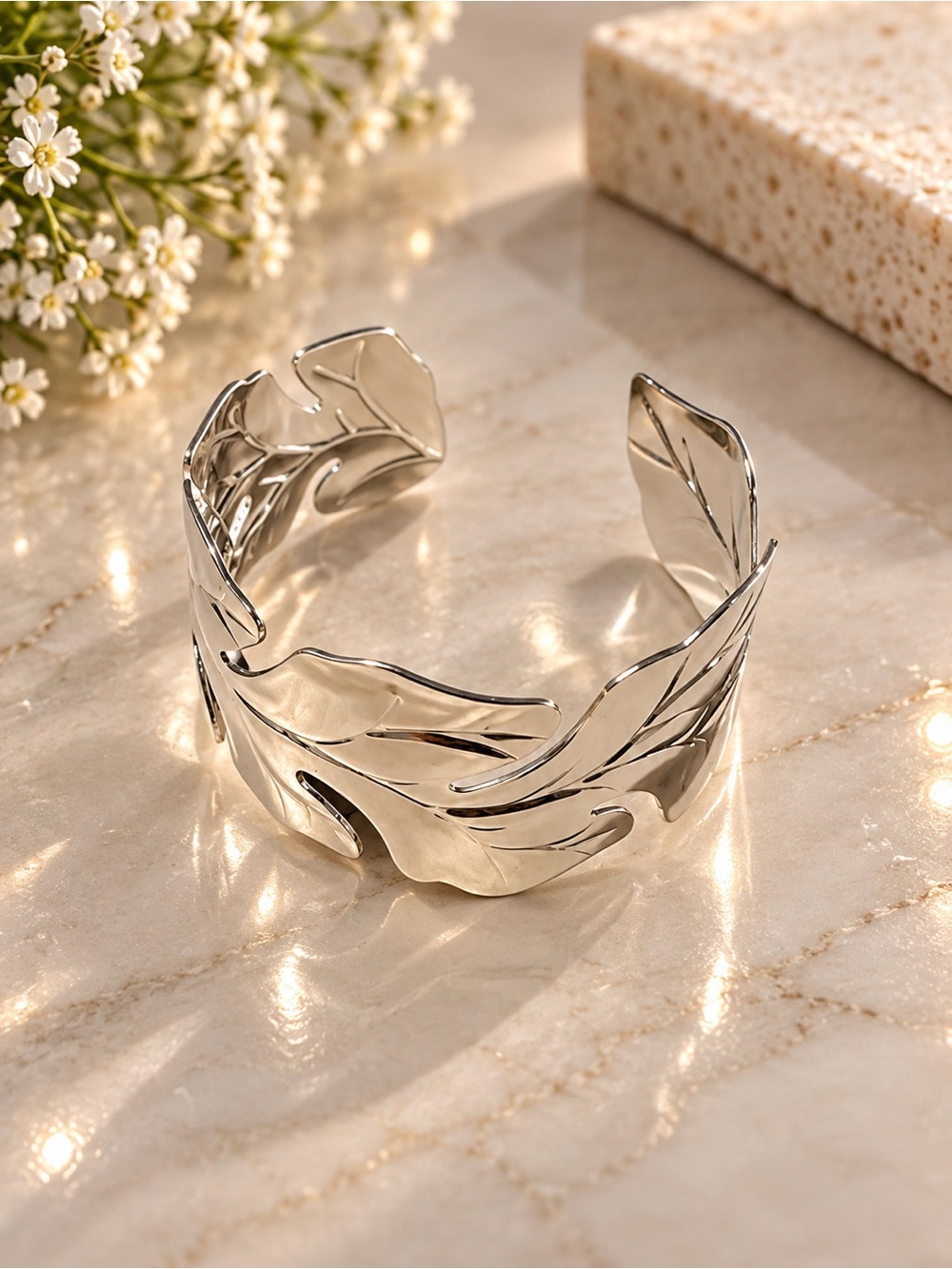 Sterling Silver Leaf Cuff Bracelet - Sculpted Open Bangle